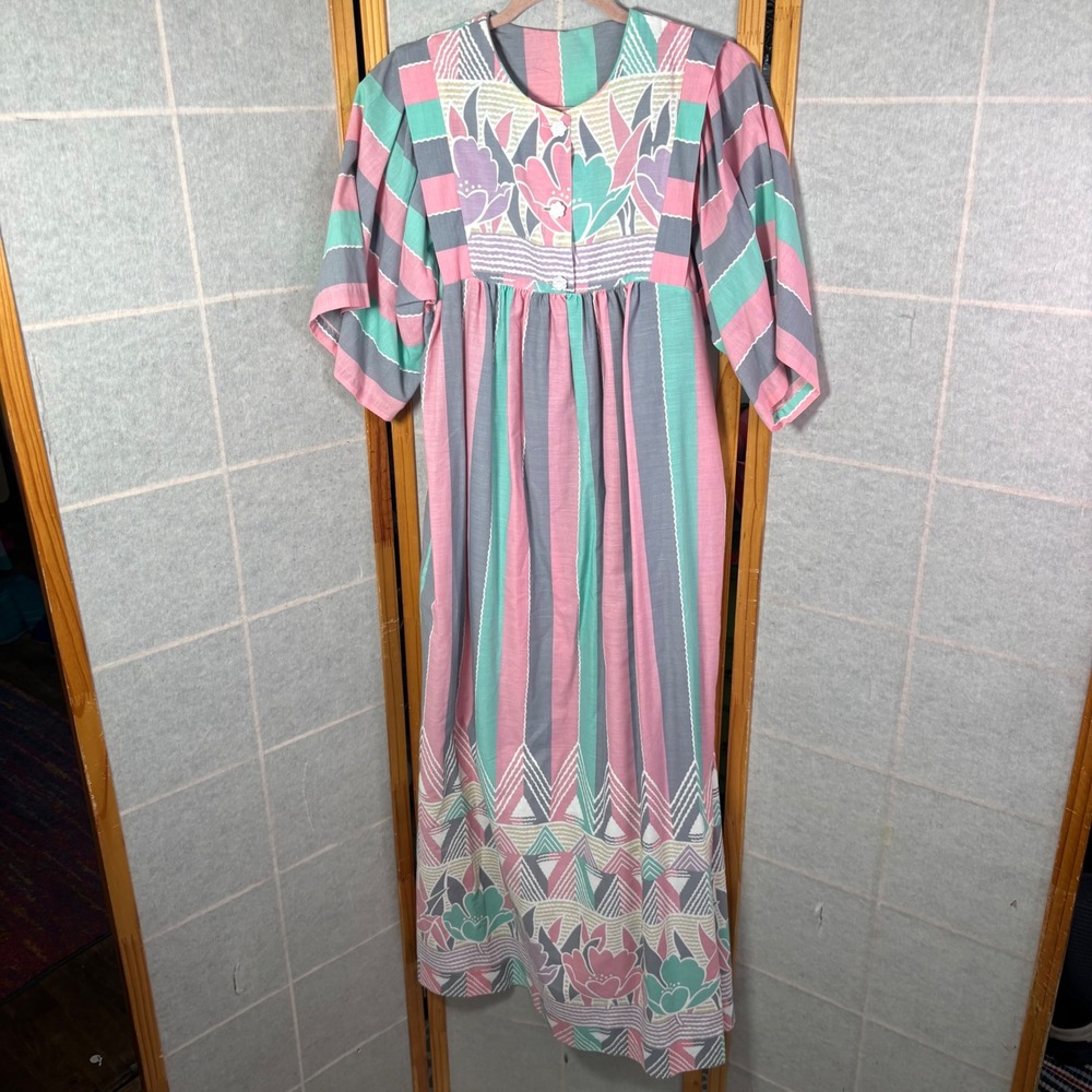 Sears at HomeWear Dress Medium Pink Blue Striped Floral Vintage Maxi House Dress